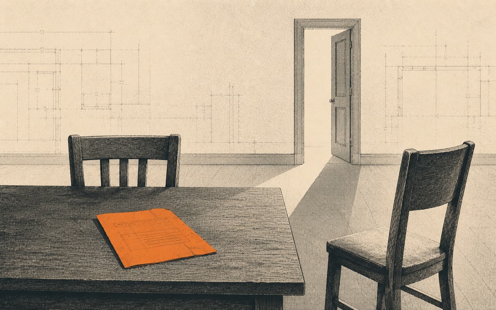 An unsigned quote on a table between two chairs, one pushed back and empty.