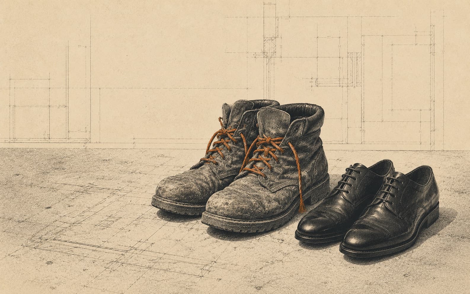 A pair of well-worn work boots on a shop floor with a set of clean office shoes placed beside them.