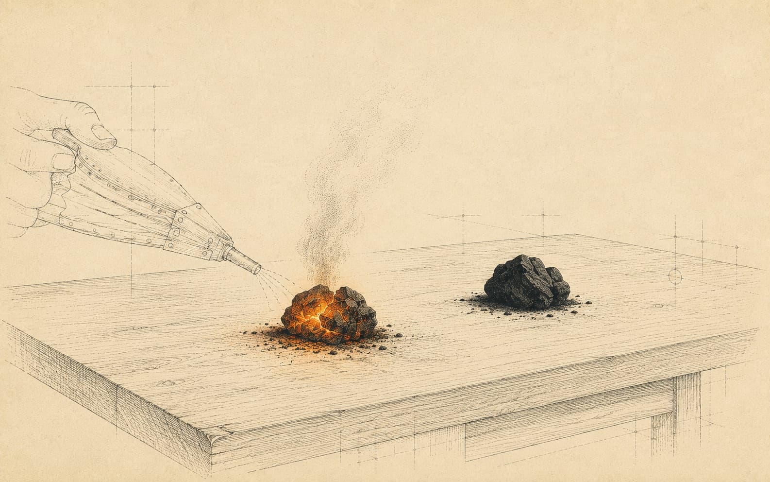 A single warm ember kept glowing on a workbench beside a cold, dark one, the live ember carrying the burnt-orange accent.