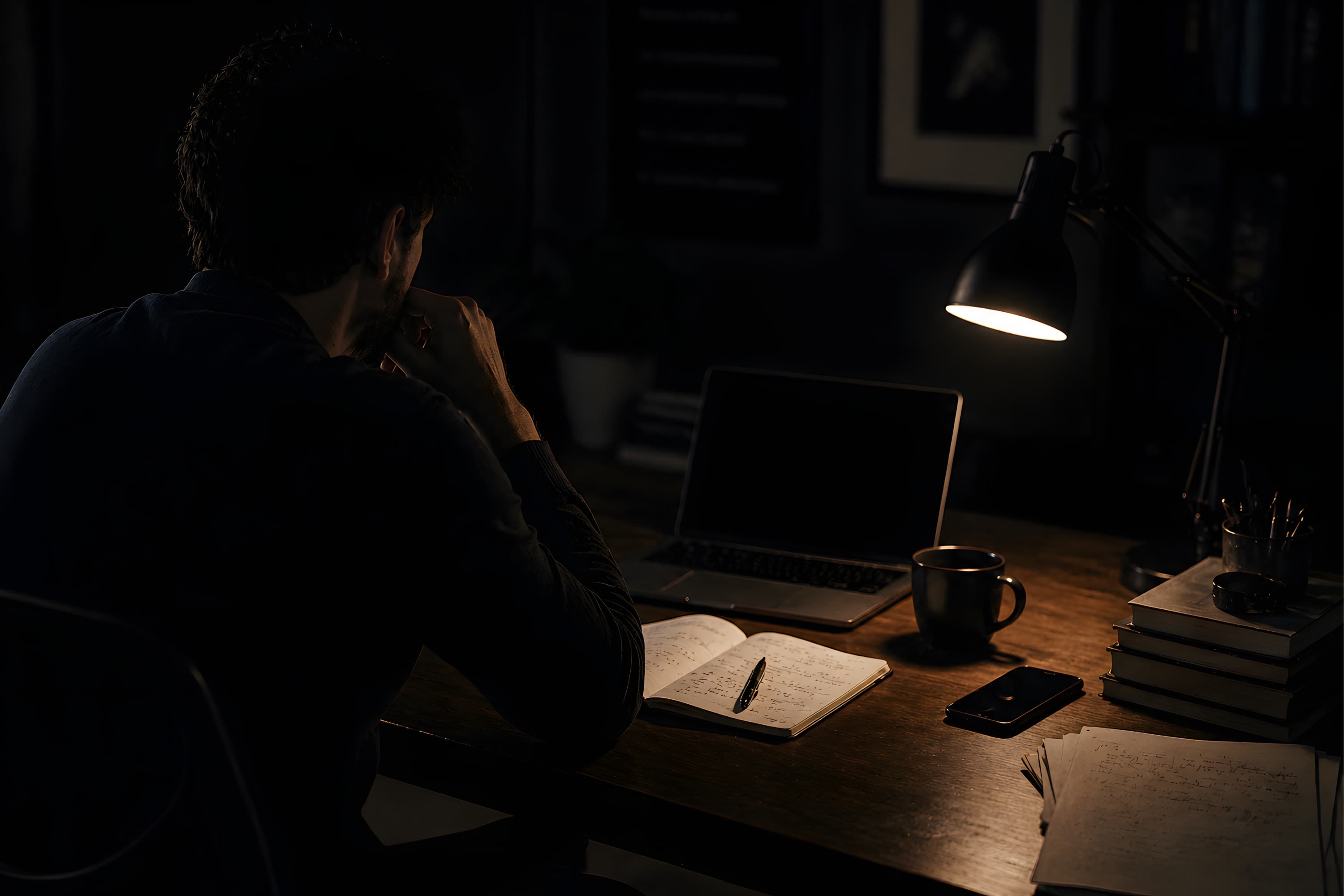 Founder at a desk surrounded by work, late evening