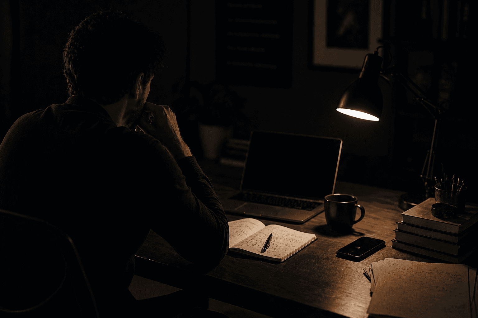 Founder at a desk surrounded by work, late evening