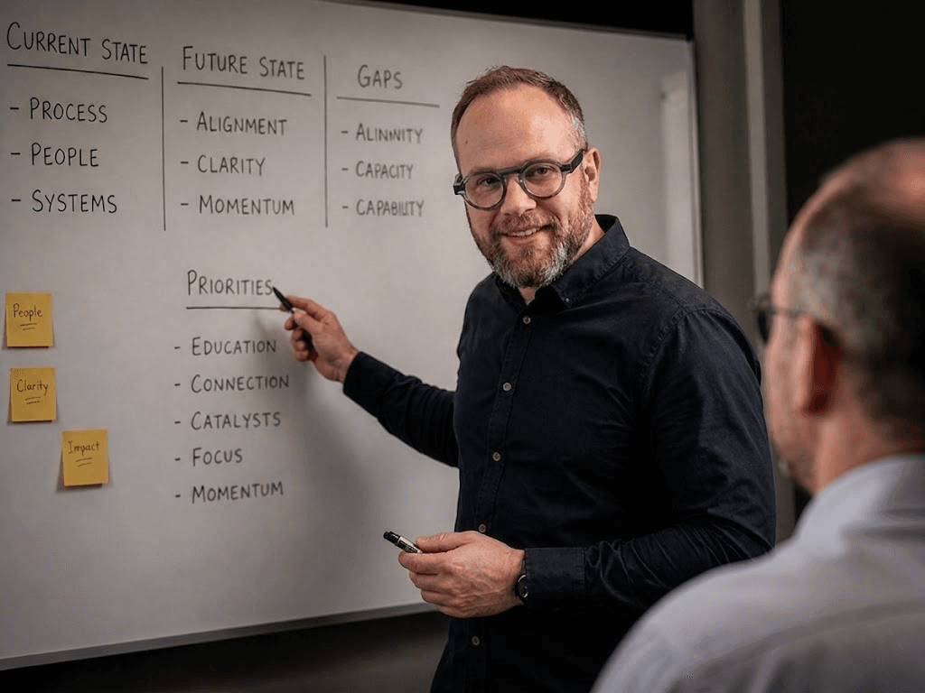 Thom Van Dycke working with a client at a whiteboard