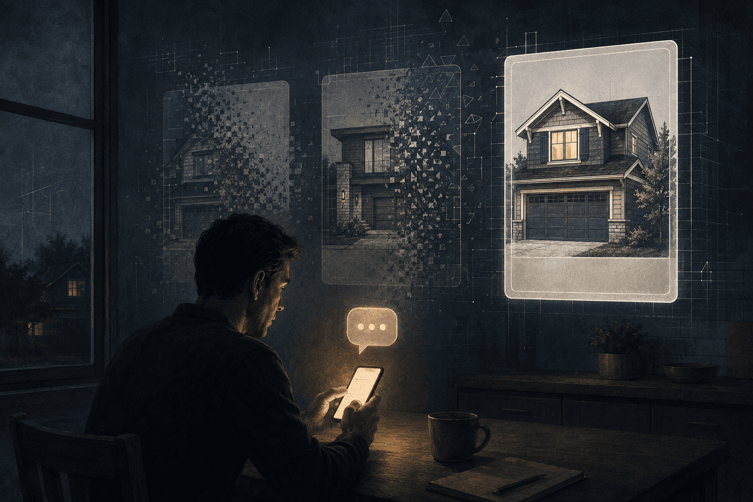 A homeowner types a question into a chat window while three contractor websites fade into the background.
