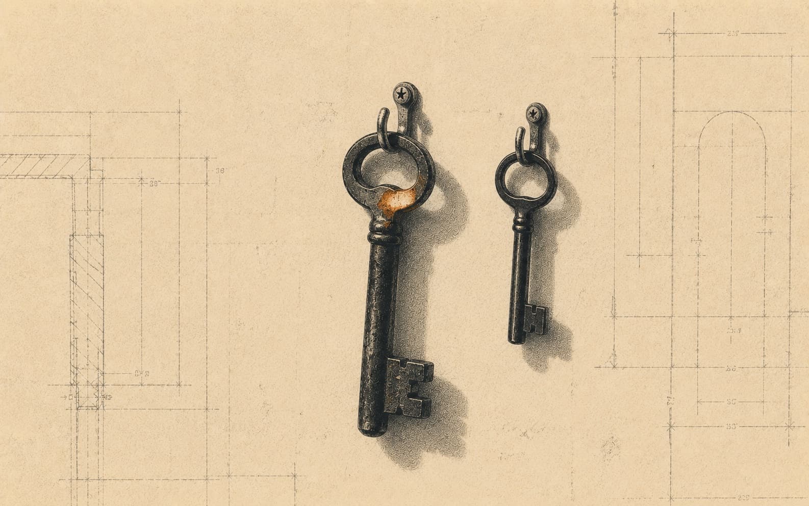 An old iron key hanging on a hook beside a newer key, both worn from use.