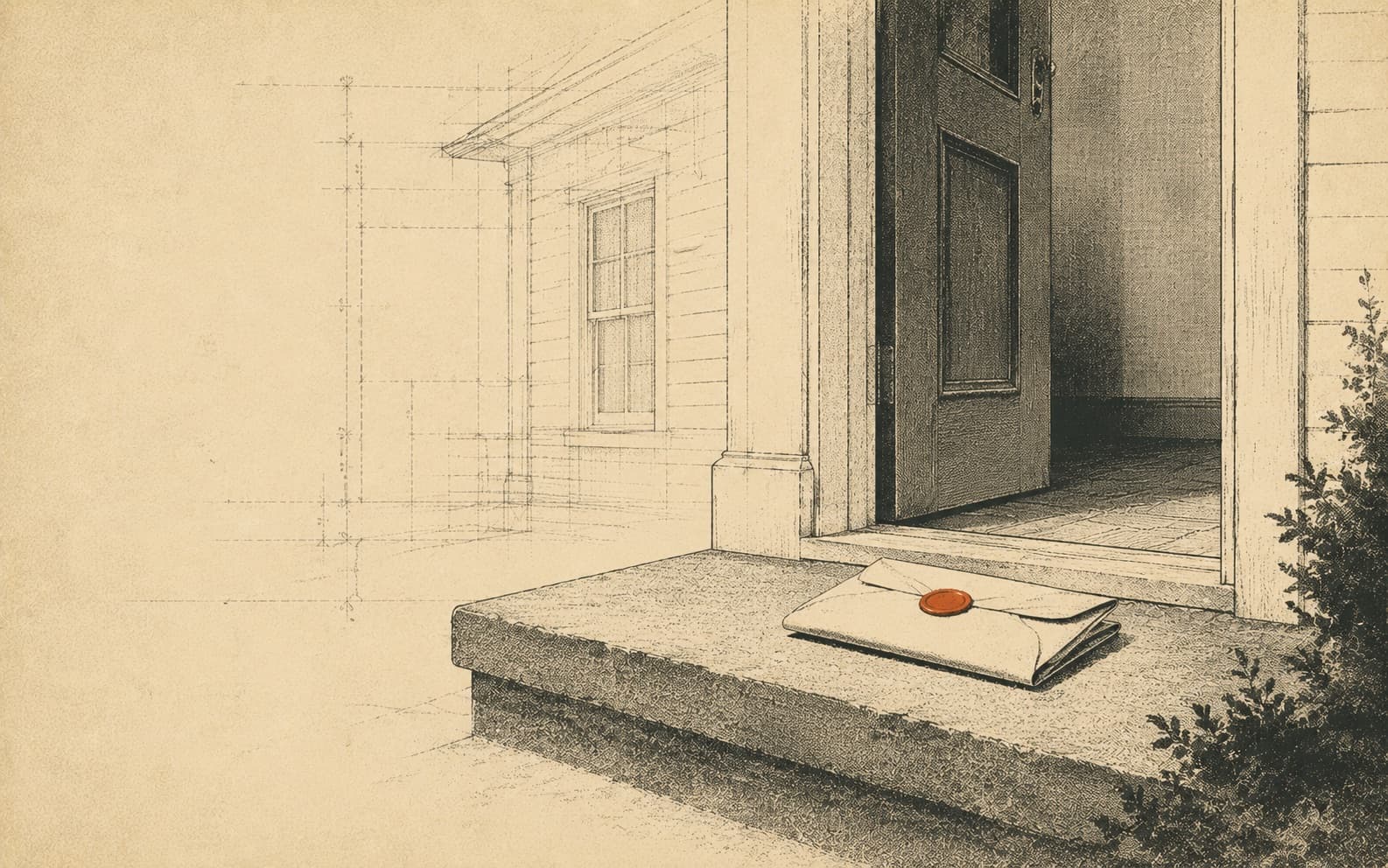 A hand-drawn illustration of a paper quote sitting on a doorstep, half in shadow, rendered in a vintage lithograph style.