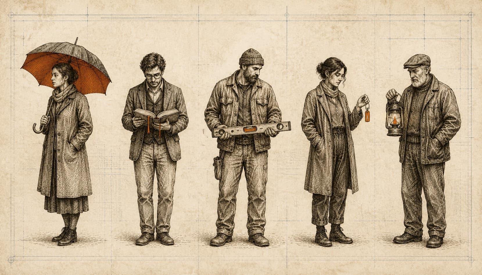 Five etched figures in a row, each holding a different symbolic object, one burnt-orange accent shared across them.