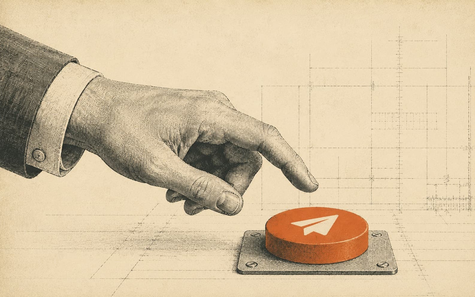 A hand-drawn illustration of a hand hovering over a send button, hesitating, rendered in a vintage lithograph style.