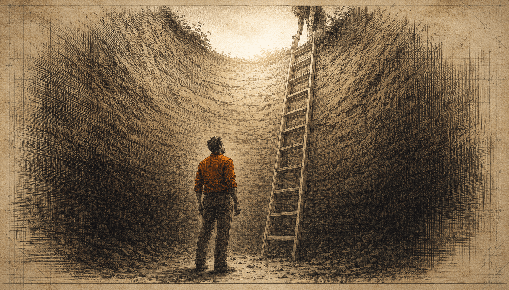 A lone figure in a burnt-orange shirt at the bottom of a deep pit, looking up at a ladder lowered from the light above.