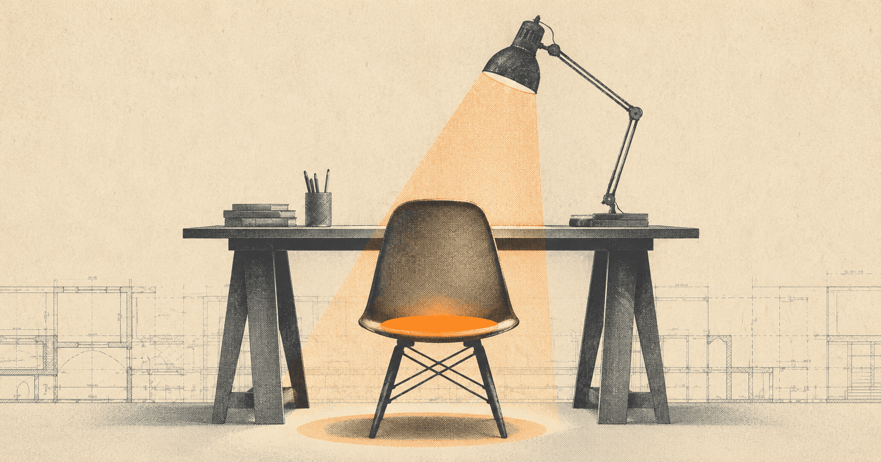 An empty chair under a single spotlight at a desk with a lamp and books, on a faint blueprint background.