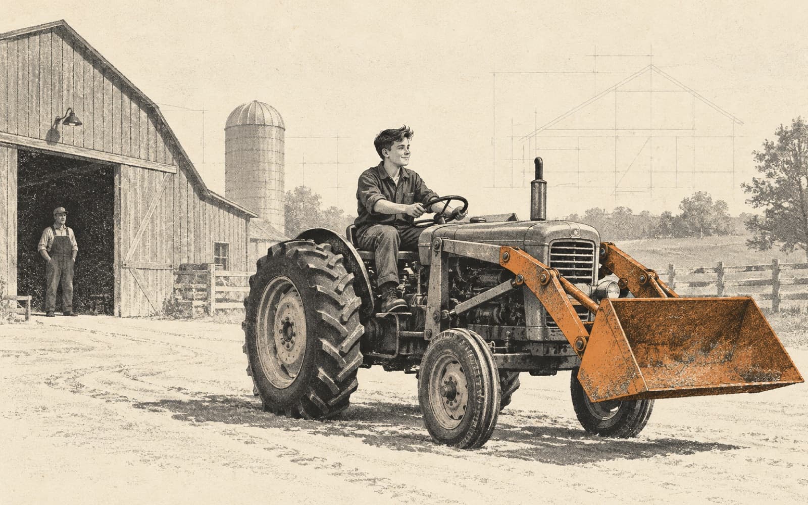 A small farm tractor with a front bucket crossing an open farmyard while a lone figure watches from a barn doorway.