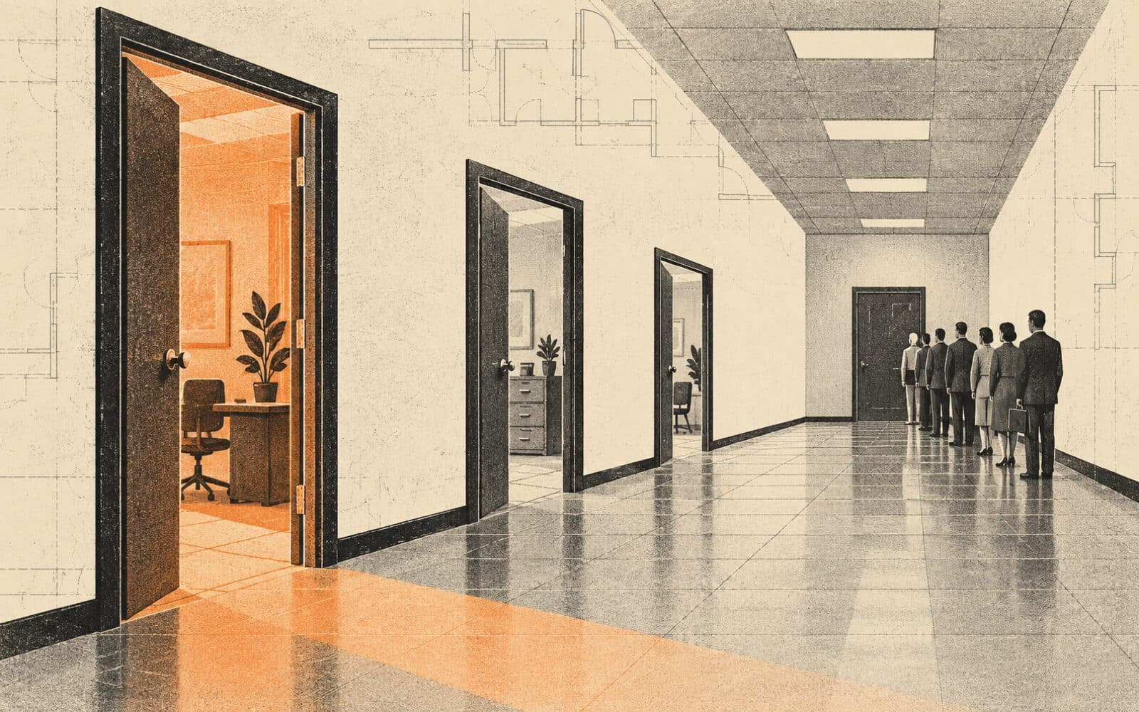 A long line of people waiting outside one office door while several other open doors along the hallway stand empty, one doorway lit in burnt orange.