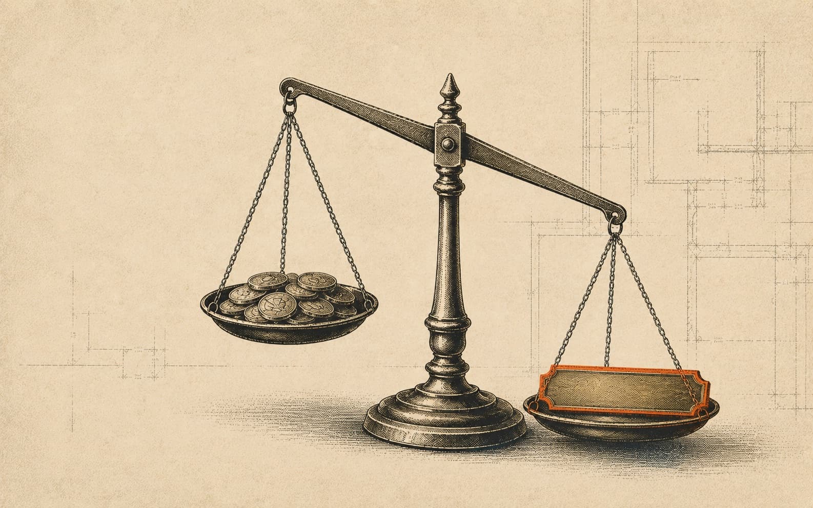A set of balance scales with coins piled on one pan and a name plate on the other, tipped toward the name plate.