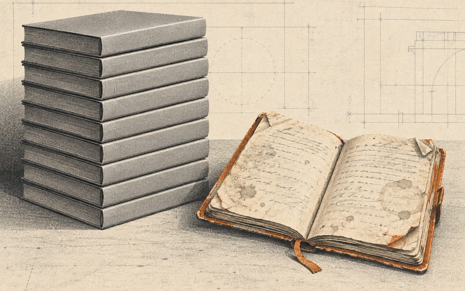 A stack of identical printed playbooks beside a single well-worn field notebook.
