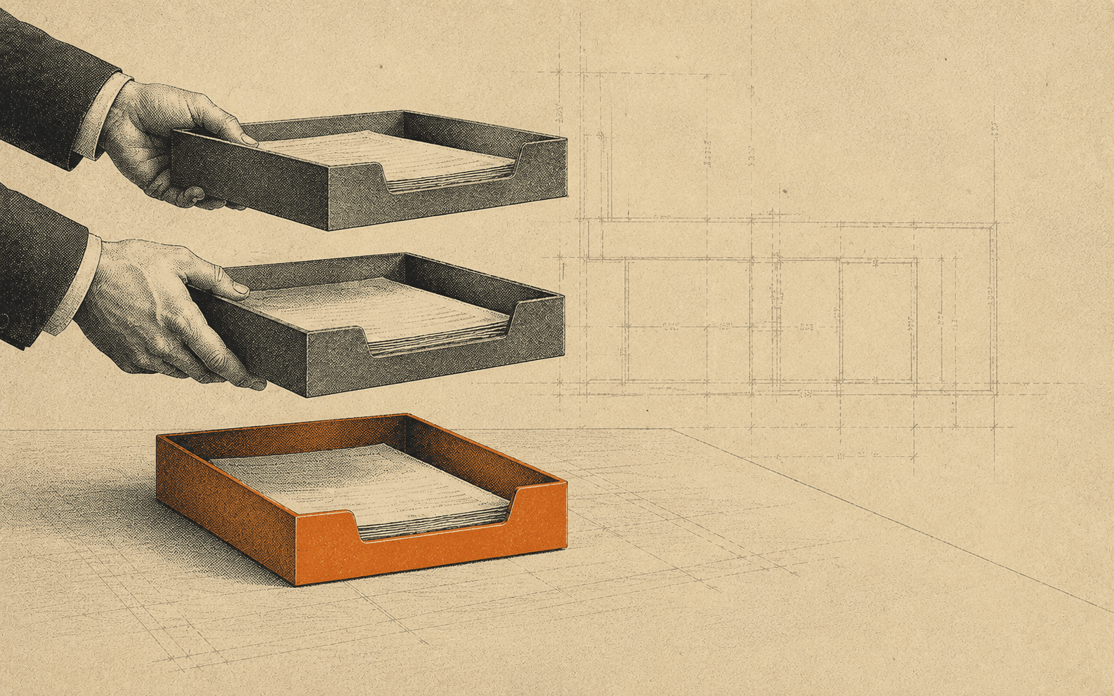 A desk with three stacked trays, two being lifted away and one staying put.