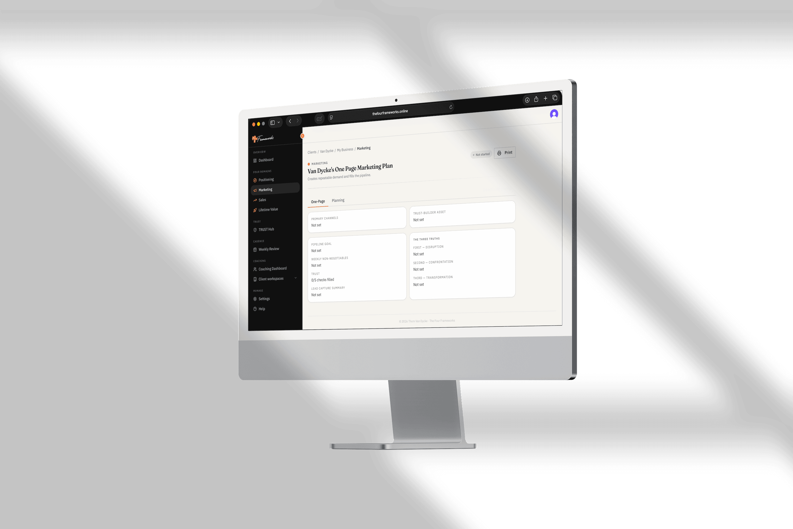 The Four Frameworks app dashboard showing a one-page marketing plan